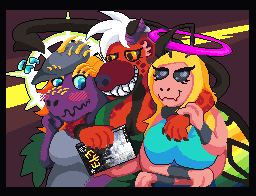 Billie with her arms around Junebug and Zoe, excited to show the game EYE Divine Cybermancy to them both. Zoe is somewhat flustered by the looming yeen, and Junebug is chill.
